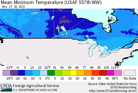 Canada Mean Minimum Temperature (USAF 557th WW) Thematic Map For 11/14/2022 - 11/20/2022