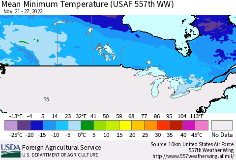 Canada Mean Minimum Temperature (USAF 557th WW) Thematic Map For 11/21/2022 - 11/27/2022