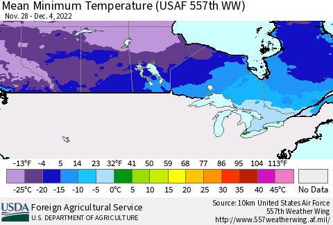 Canada Mean Minimum Temperature (USAF 557th WW) Thematic Map For 11/28/2022 - 12/4/2022