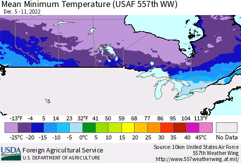 Canada Mean Minimum Temperature (USAF 557th WW) Thematic Map For 12/5/2022 - 12/11/2022