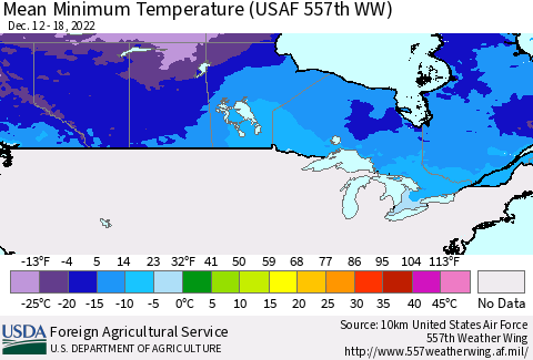 Canada Mean Minimum Temperature (USAF 557th WW) Thematic Map For 12/12/2022 - 12/18/2022