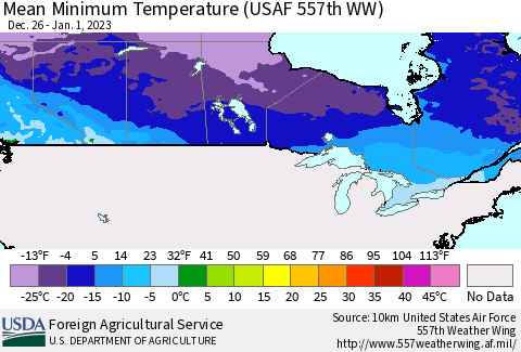 Canada Mean Minimum Temperature (USAF 557th WW) Thematic Map For 12/26/2022 - 1/1/2023
