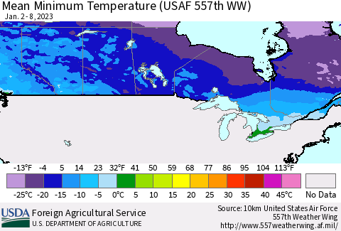 Canada Mean Minimum Temperature (USAF 557th WW) Thematic Map For 1/2/2023 - 1/8/2023