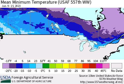 Canada Mean Minimum Temperature (USAF 557th WW) Thematic Map For 1/9/2023 - 1/15/2023