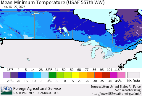 Canada Mean Minimum Temperature (USAF 557th WW) Thematic Map For 1/16/2023 - 1/22/2023