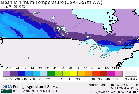 Canada Mean Minimum Temperature (USAF 557th WW) Thematic Map For 1/23/2023 - 1/29/2023