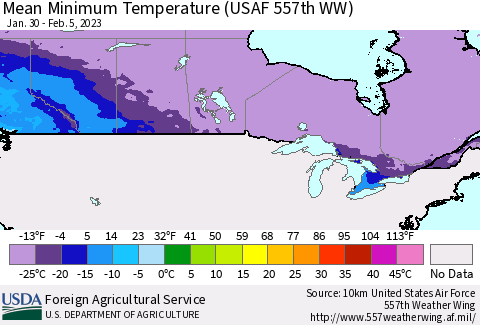 Canada Mean Minimum Temperature (USAF 557th WW) Thematic Map For 1/30/2023 - 2/5/2023