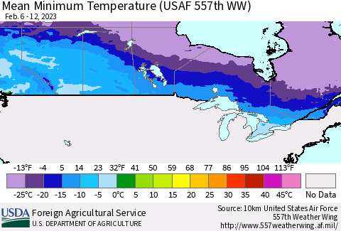 Canada Mean Minimum Temperature (USAF 557th WW) Thematic Map For 2/6/2023 - 2/12/2023