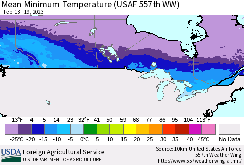 Canada Mean Minimum Temperature (USAF 557th WW) Thematic Map For 2/13/2023 - 2/19/2023
