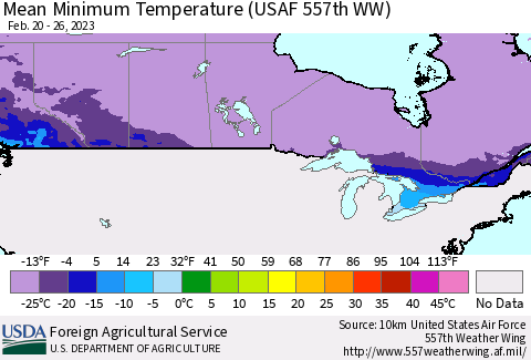 Canada Mean Minimum Temperature (USAF 557th WW) Thematic Map For 2/20/2023 - 2/26/2023
