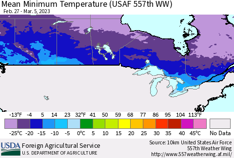 Canada Mean Minimum Temperature (USAF 557th WW) Thematic Map For 2/27/2023 - 3/5/2023