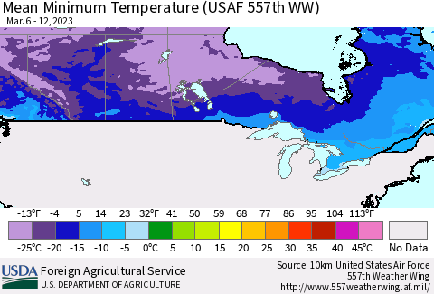 Canada Mean Minimum Temperature (USAF 557th WW) Thematic Map For 3/6/2023 - 3/12/2023