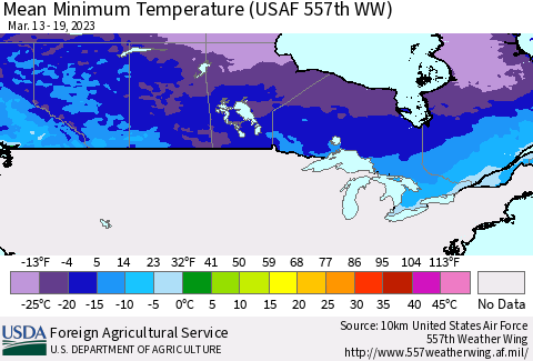Canada Mean Minimum Temperature (USAF 557th WW) Thematic Map For 3/13/2023 - 3/19/2023
