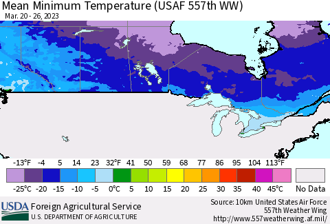 Canada Mean Minimum Temperature (USAF 557th WW) Thematic Map For 3/20/2023 - 3/26/2023