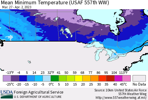 Canada Mean Minimum Temperature (USAF 557th WW) Thematic Map For 3/27/2023 - 4/2/2023