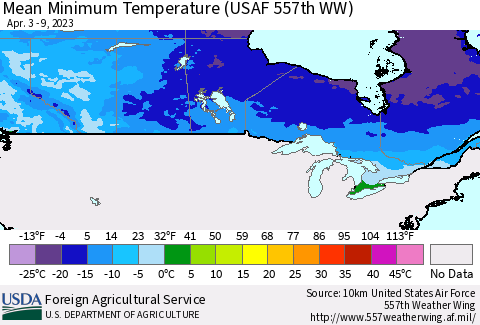 Canada Mean Minimum Temperature (USAF 557th WW) Thematic Map For 4/3/2023 - 4/9/2023