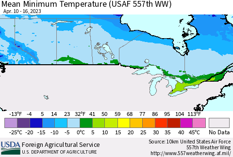 Canada Mean Minimum Temperature (USAF 557th WW) Thematic Map For 4/10/2023 - 4/16/2023