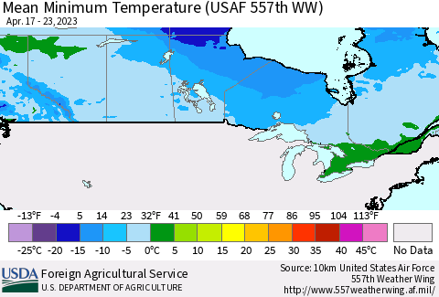 Canada Mean Minimum Temperature (USAF 557th WW) Thematic Map For 4/17/2023 - 4/23/2023