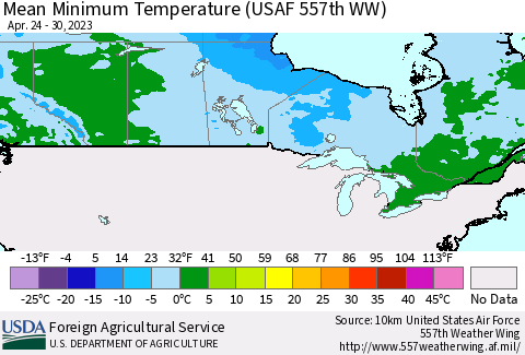 Canada Mean Minimum Temperature (USAF 557th WW) Thematic Map For 4/24/2023 - 4/30/2023