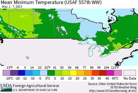 Canada Mean Minimum Temperature (USAF 557th WW) Thematic Map For 5/1/2023 - 5/7/2023