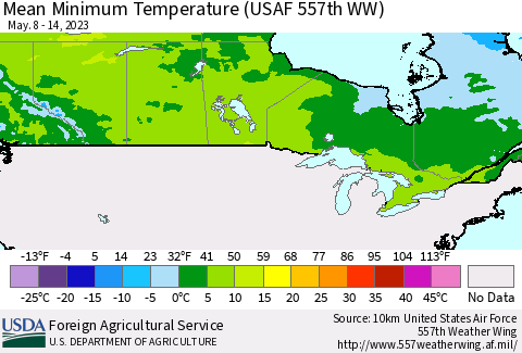 Canada Mean Minimum Temperature (USAF 557th WW) Thematic Map For 5/8/2023 - 5/14/2023