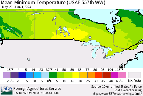 Canada Mean Minimum Temperature (USAF 557th WW) Thematic Map For 5/29/2023 - 6/4/2023