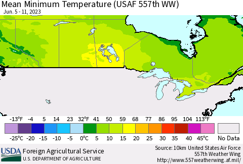Canada Mean Minimum Temperature (USAF 557th WW) Thematic Map For 6/5/2023 - 6/11/2023