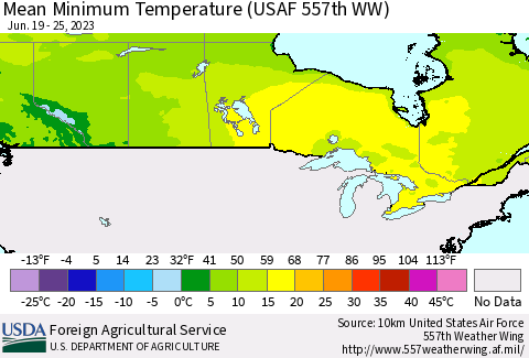 Canada Mean Minimum Temperature (USAF 557th WW) Thematic Map For 6/19/2023 - 6/25/2023