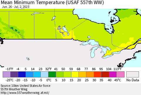 Canada Mean Minimum Temperature (USAF 557th WW) Thematic Map For 6/26/2023 - 7/2/2023