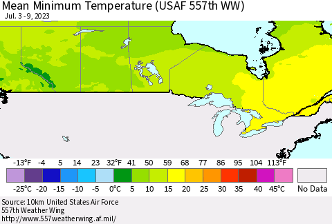 Canada Mean Minimum Temperature (USAF 557th WW) Thematic Map For 7/3/2023 - 7/9/2023