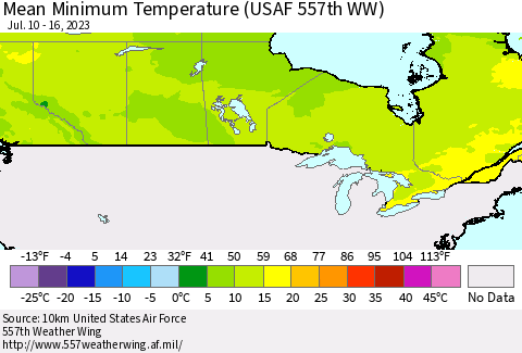 Canada Mean Minimum Temperature (USAF 557th WW) Thematic Map For 7/10/2023 - 7/16/2023