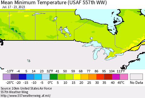 Canada Mean Minimum Temperature (USAF 557th WW) Thematic Map For 7/17/2023 - 7/23/2023