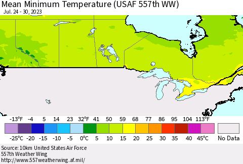 Canada Mean Minimum Temperature (USAF 557th WW) Thematic Map For 7/24/2023 - 7/30/2023