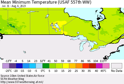 Canada Mean Minimum Temperature (USAF 557th WW) Thematic Map For 7/31/2023 - 8/6/2023