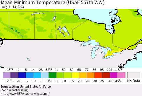 Canada Mean Minimum Temperature (USAF 557th WW) Thematic Map For 8/7/2023 - 8/13/2023