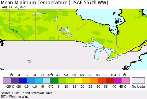 Canada Mean Minimum Temperature (USAF 557th WW) Thematic Map For 8/14/2023 - 8/20/2023