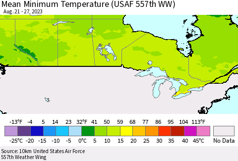 Canada Mean Minimum Temperature (USAF 557th WW) Thematic Map For 8/21/2023 - 8/27/2023