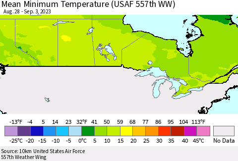 Canada Mean Minimum Temperature (USAF 557th WW) Thematic Map For 8/28/2023 - 9/3/2023
