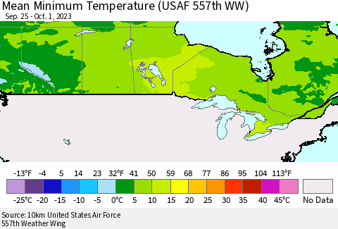 Canada Mean Minimum Temperature (USAF 557th WW) Thematic Map For 9/25/2023 - 10/1/2023