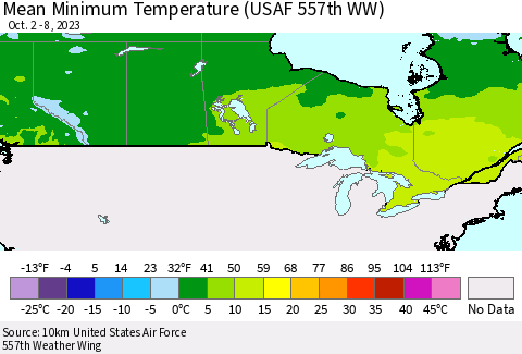 Canada Mean Minimum Temperature (USAF 557th WW) Thematic Map For 10/2/2023 - 10/8/2023