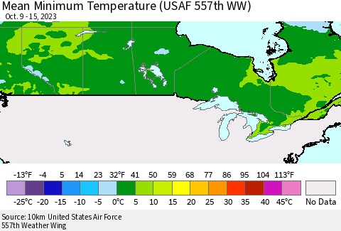 Canada Mean Minimum Temperature (USAF 557th WW) Thematic Map For 10/9/2023 - 10/15/2023