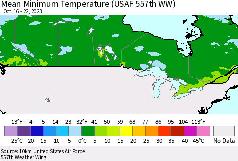 Canada Mean Minimum Temperature (USAF 557th WW) Thematic Map For 10/16/2023 - 10/22/2023