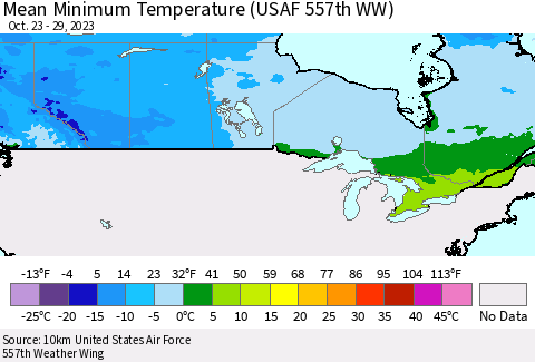 Canada Mean Minimum Temperature (USAF 557th WW) Thematic Map For 10/23/2023 - 10/29/2023