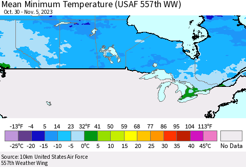 Canada Mean Minimum Temperature (USAF 557th WW) Thematic Map For 10/30/2023 - 11/5/2023