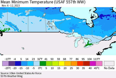 Canada Mean Minimum Temperature (USAF 557th WW) Thematic Map For 11/6/2023 - 11/12/2023
