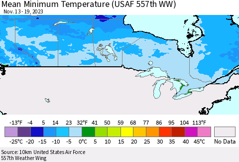 Canada Mean Minimum Temperature (USAF 557th WW) Thematic Map For 11/13/2023 - 11/19/2023