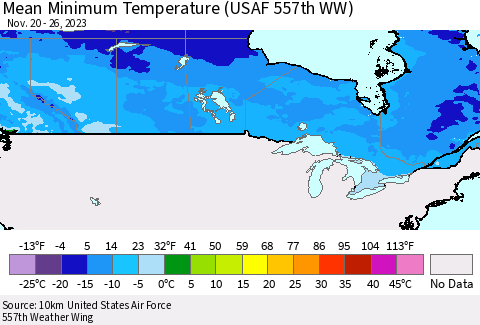 Canada Mean Minimum Temperature (USAF 557th WW) Thematic Map For 11/20/2023 - 11/26/2023