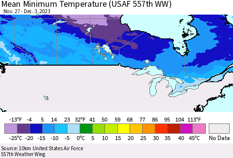 Canada Mean Minimum Temperature (USAF 557th WW) Thematic Map For 11/27/2023 - 12/3/2023