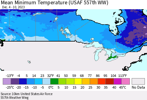 Canada Mean Minimum Temperature (USAF 557th WW) Thematic Map For 12/4/2023 - 12/10/2023