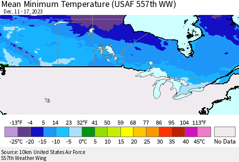 Canada Mean Minimum Temperature (USAF 557th WW) Thematic Map For 12/11/2023 - 12/17/2023